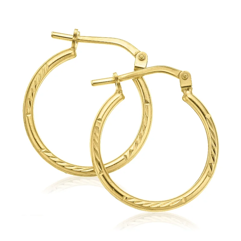 9ct Yellow Gold Silver Filled 15x1.5mm Diamond Cut Hoop Earrings