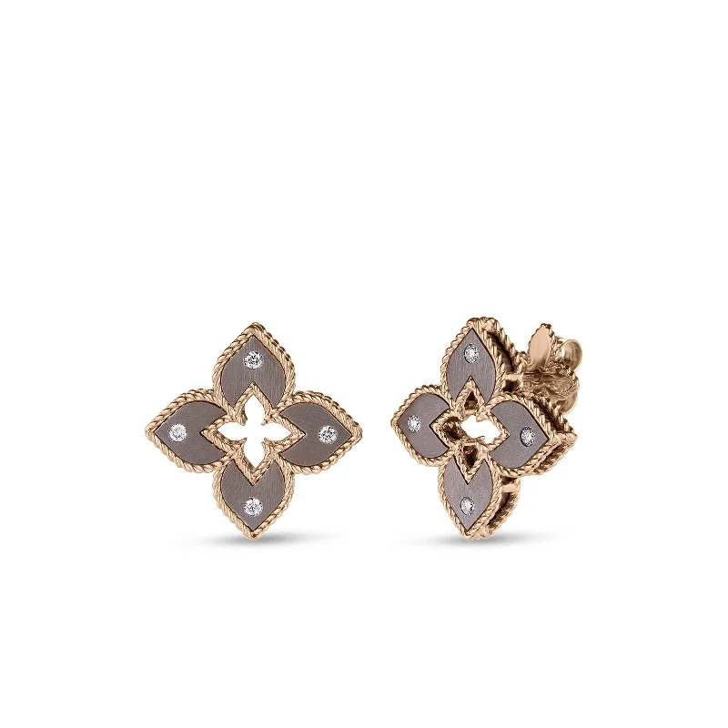 18K Rose Gold Venetian Princess Mini Gray Titanium And Diamond Flower Stud Earrings