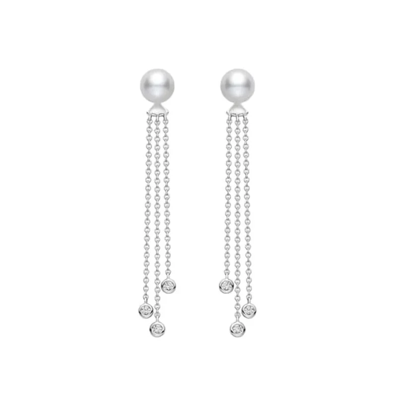 Akoya Cultured Pearl and Diamond Dangle Drop Earrings in 18K White Gold