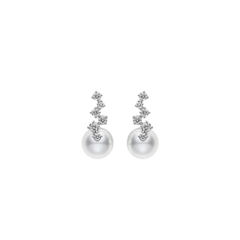 Akoya Cultured Pearl and Diamond Drop Earrings in 18K White Gold