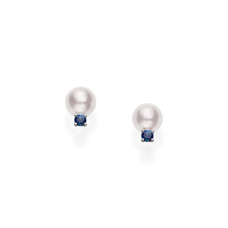 Akoya Cultured Pearl Earrings with Sapphire in 18K White Gold