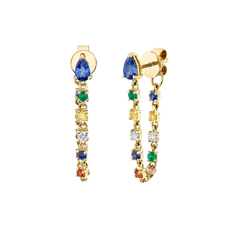 Blue Sapphire Pear, Diamond And Multi-colored Fine Gemstone Loop Earrings