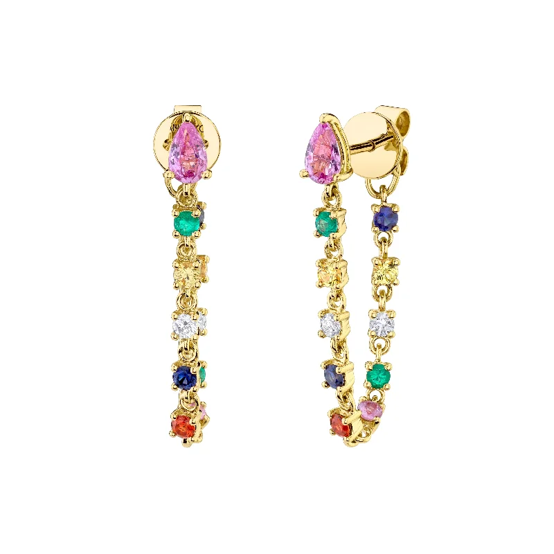 Pink Sapphire Pear, Diamond And Multi-colored Fine Gemstone Loop Earrings