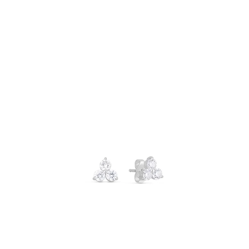 18K White Gold Classic Diamond Medium Three Stone Cluster Stud Earrings