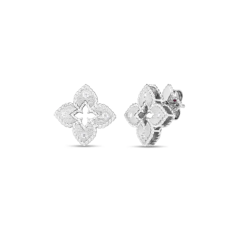 18K White Gold Petite Venetian Princess Extra Small Satin & Diamond Accent Flower Earrings