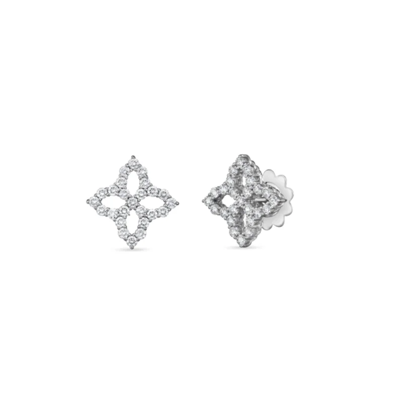 18K White Gold Princess Flower Diamond Outline Medium Stud Earrings With