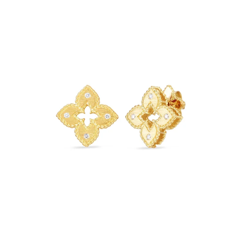 18K Yellow Gold Petite Venetian Princess Extra Small Satin & Diamond Accent Flower Earrings