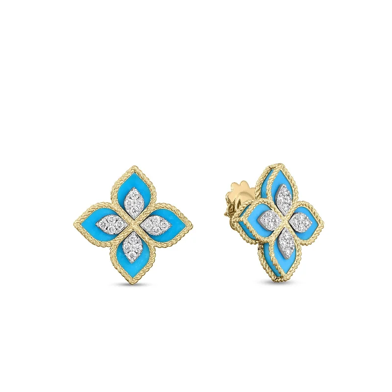 18K Yellow/White Gold Venetian Princess Diamond & Turquoise Flower Earrings