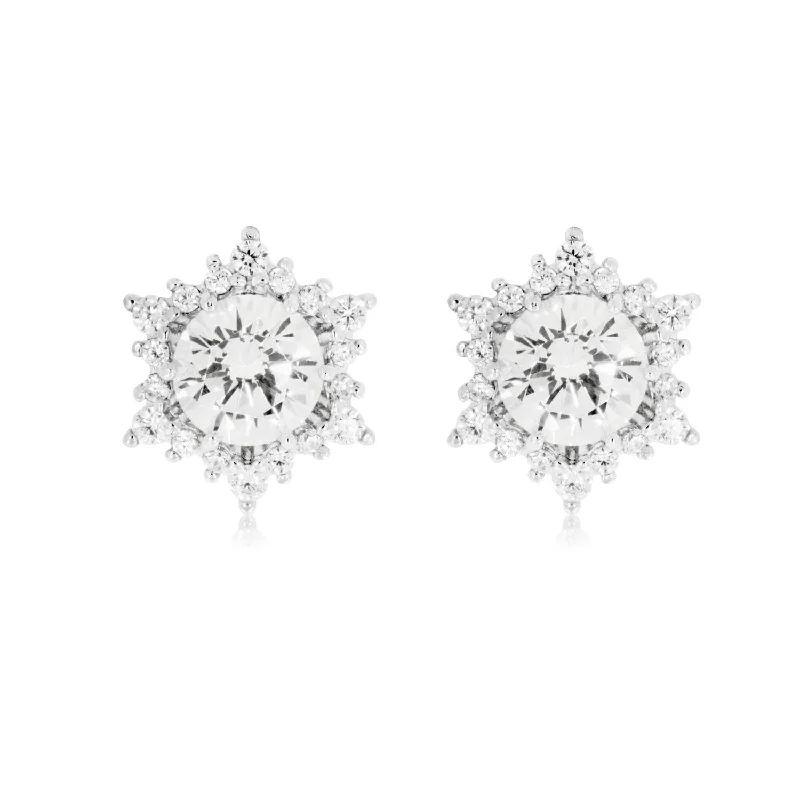 Sterling Silver with White Cubic Zirconia Snow Flake Stud Earrings