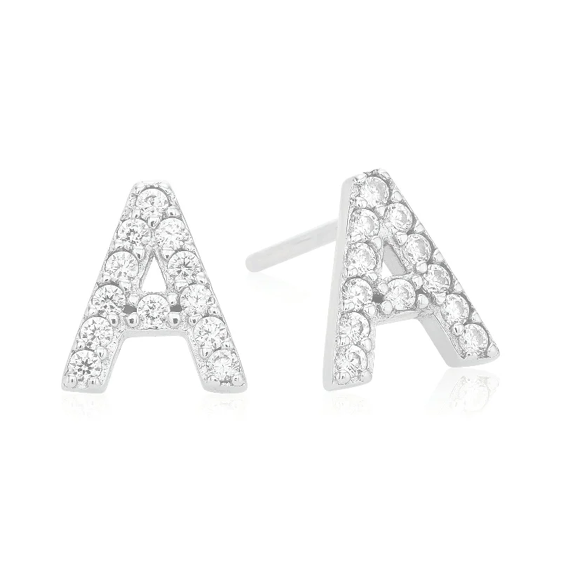 Sterling Silver with Cubic Zirconia Initial Stud Earrings