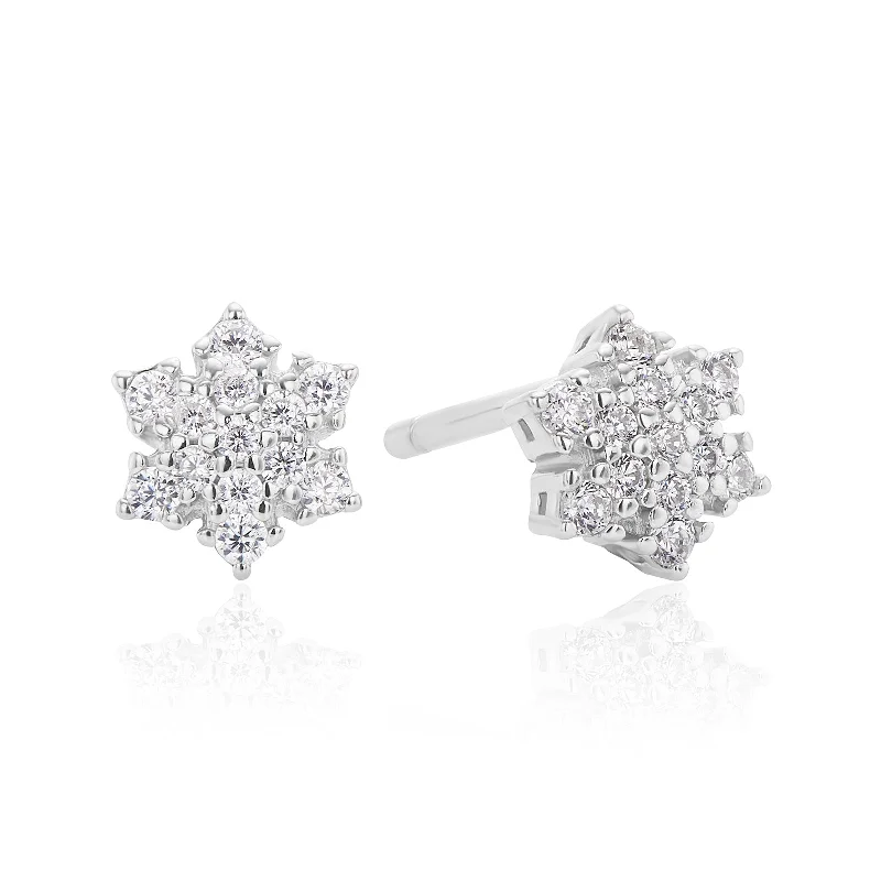 Sterling Silver with White Cubic Zirconia Snowflake Stud Earrings