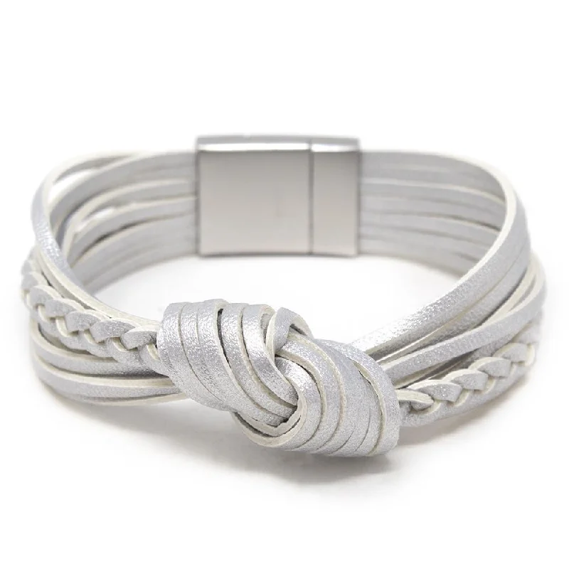 Multi Row Leather Knot Braid Bracelet Silver