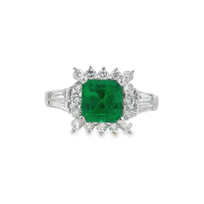 White Gold Emerald and Diamond Halo Ring