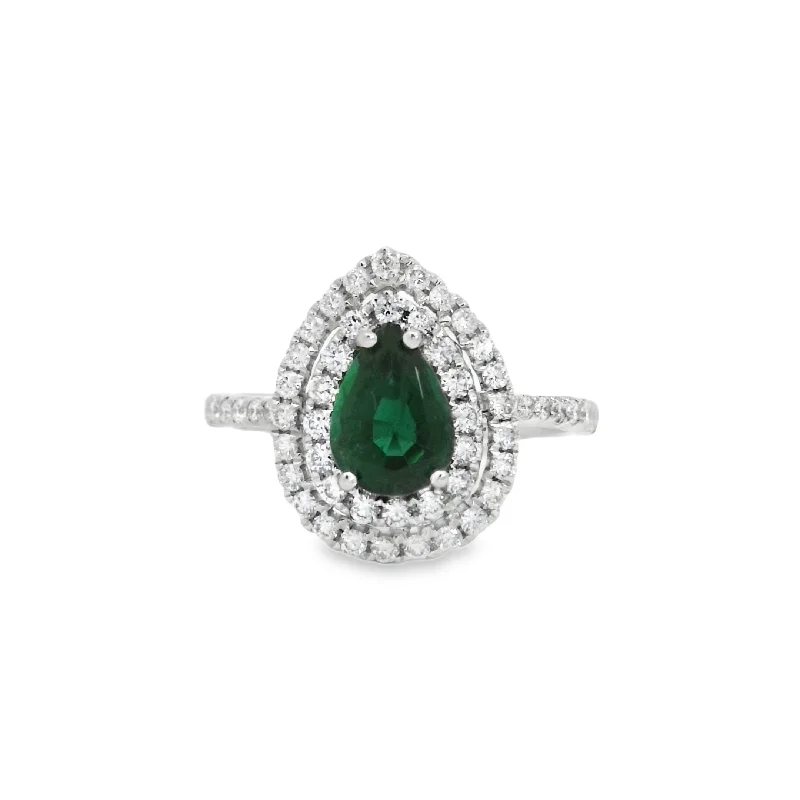 White Gold Emerald and Diamond Double Halo Ring