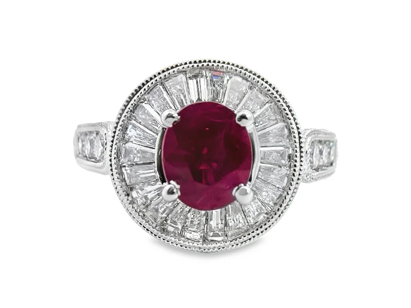 White Gold Ruby and Diamond Halo Ring