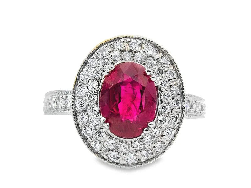 White Gold Ruby and Diamond Halo Ring