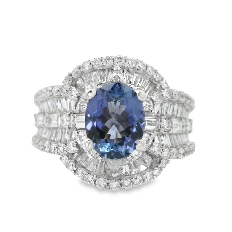 White Gold Tanzanite and Diamond Halo Fashion Ring