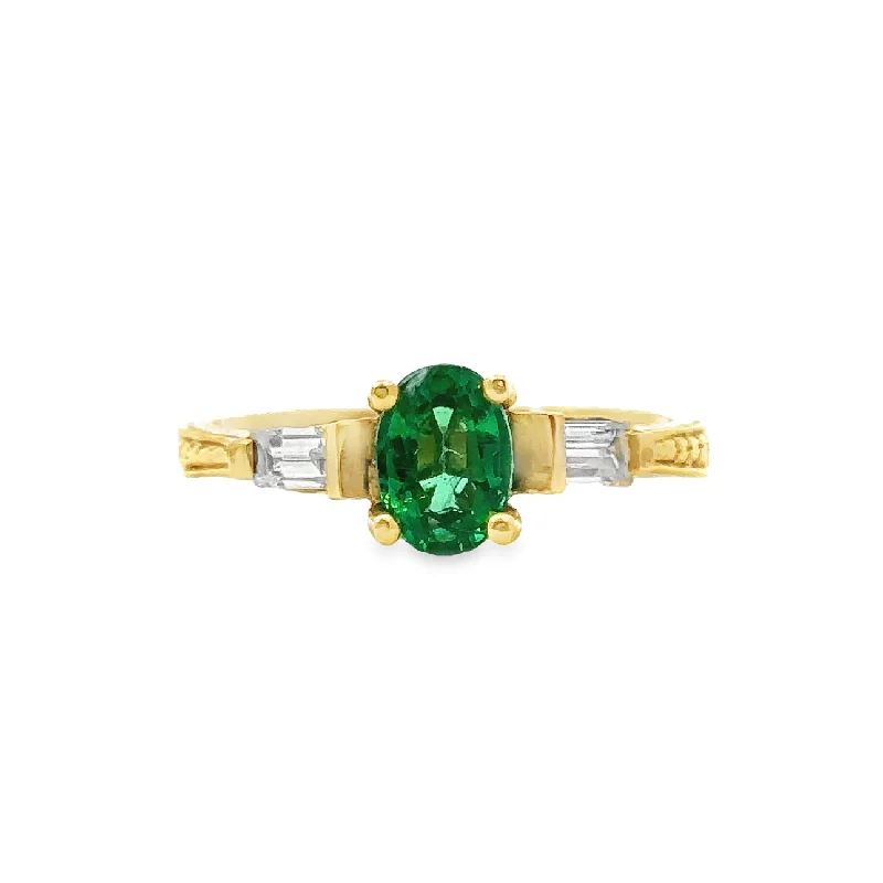 Yellow Gold Emerald and Diamond Three Stone Ring