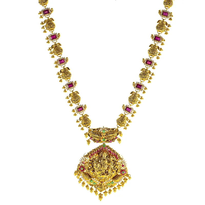 22K Antique Gold Temple Necklace w/ CZ, Emerald, Ruby & Pearl (78.3gm)