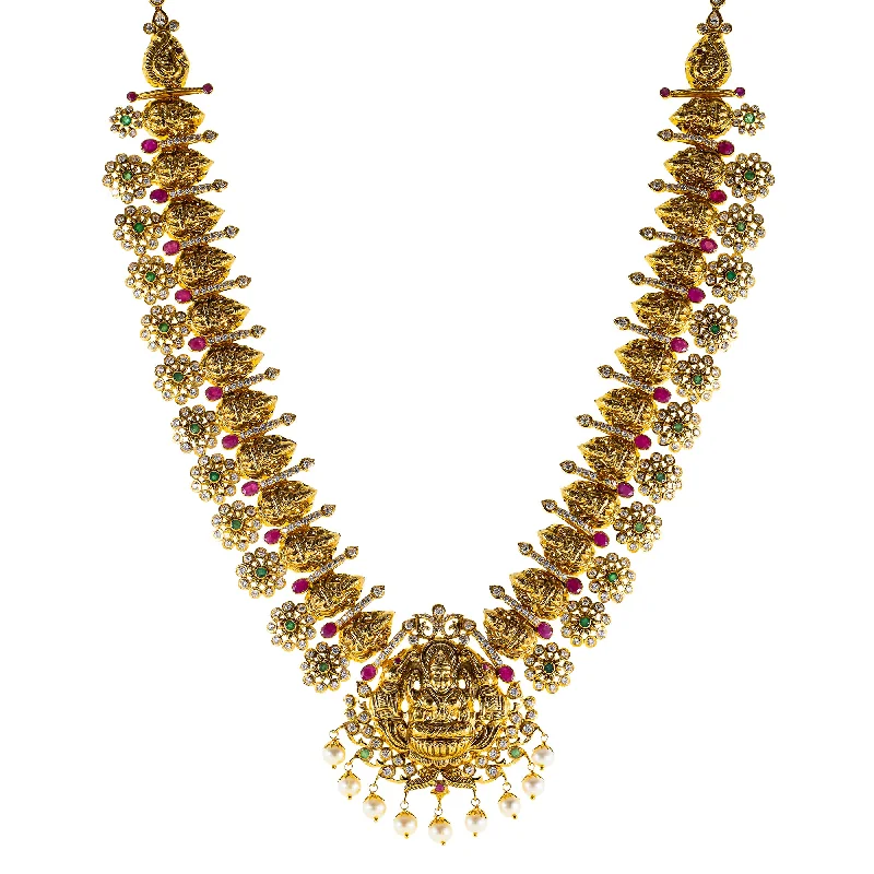 22K Antique Gold Temple Necklace w/ CZ, Emerald, Ruby & Pearl (88.3gm)