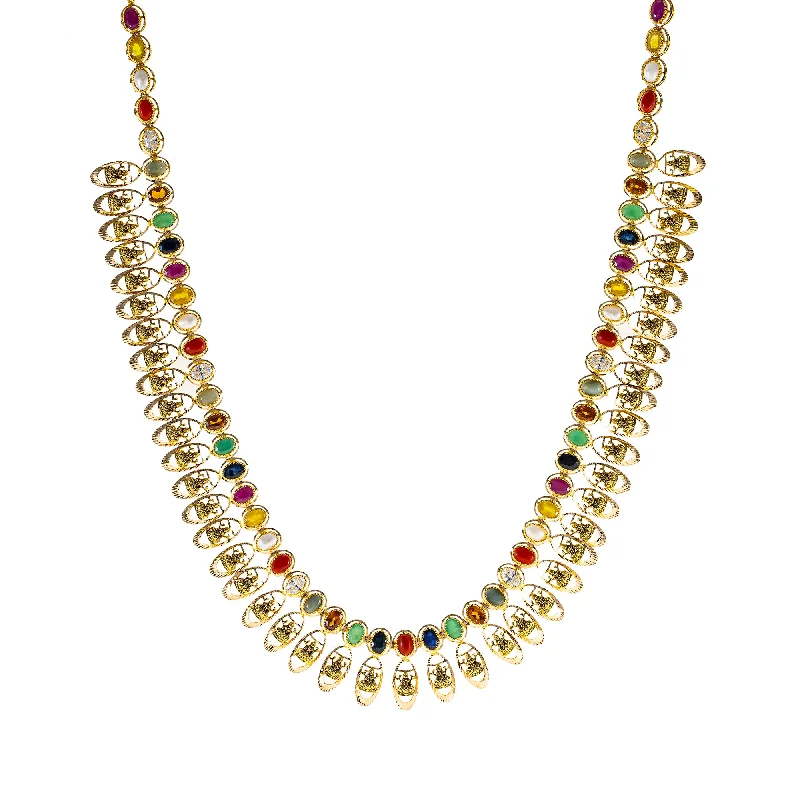 22K Antique Gold Temple Necklace w/ CZ, Kundan, Ruby, Sapphire & Pearl (58.6gm)