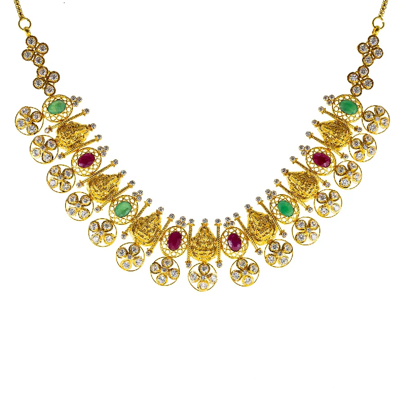 22K Antique Gold Temple Necklace w/ Emerald, Ruby & CZ (39.9gm)