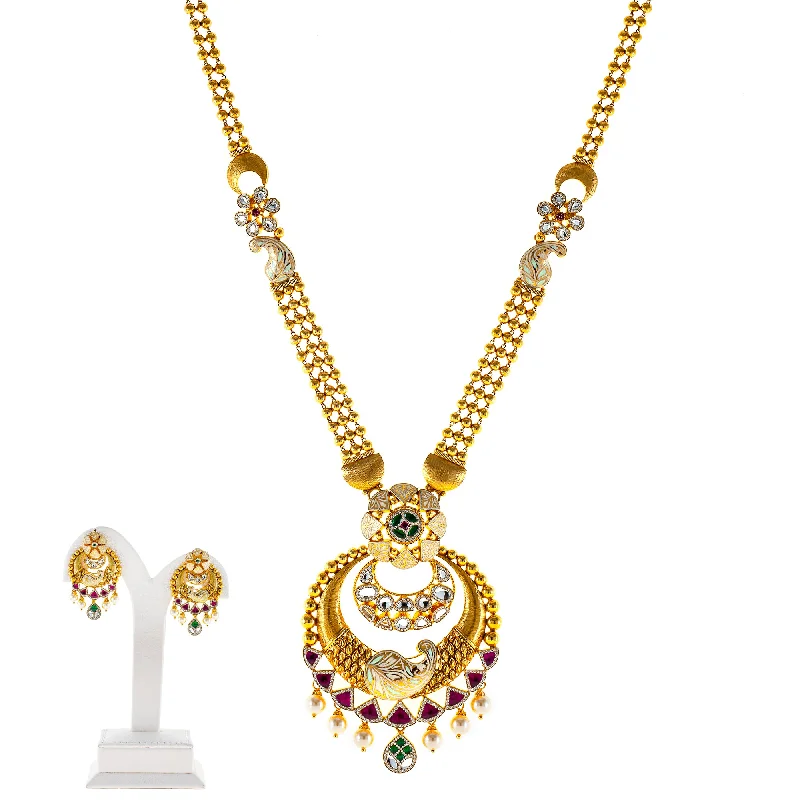 22K Yellow Gold Necklace Set w/ Kundan, Emerald, CZ, Pearls, and Ruby (85.2gm)