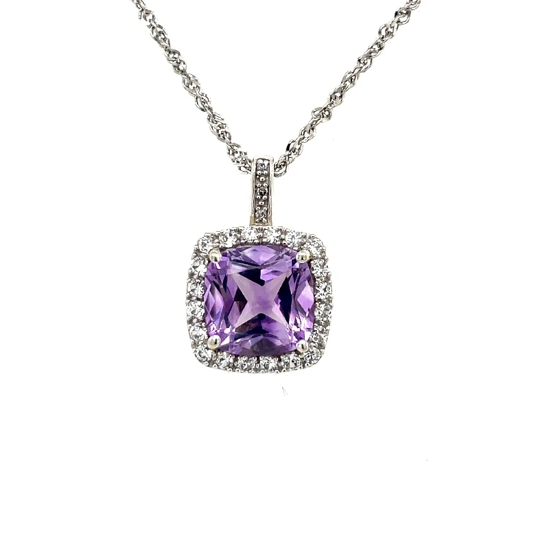 Estate 10K Cushion Amethyst Halo Style Necklace