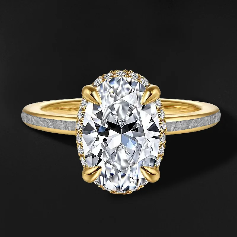 New sky 14K GOLD & meteorite ENGAGEMENT RING | NATURAL METEORITE WITH OVAL-CUT moissanite