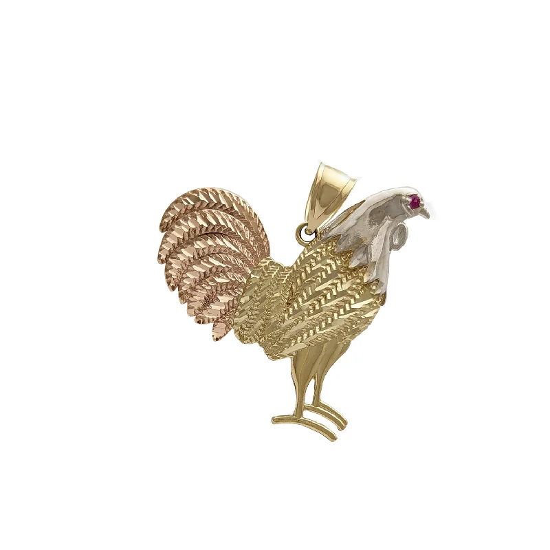 Tricolor Fighting Rooster CZ Pendant (14K)