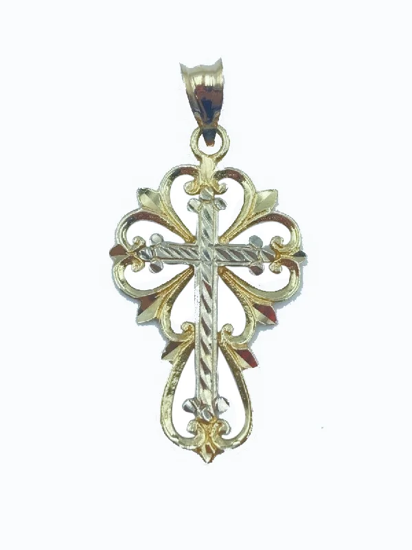 Two-Tone Diamond-Cut Filigree Cross Pendant (14K)