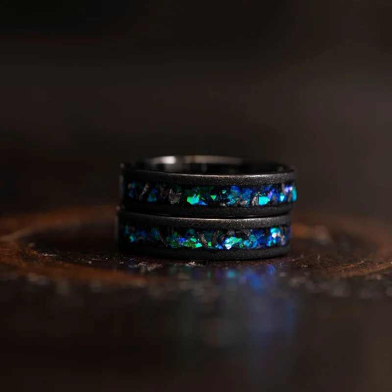 "Zeus" Flat Green Blue Nebula Ring- Meteorite and Opal- Black 5mm Womens