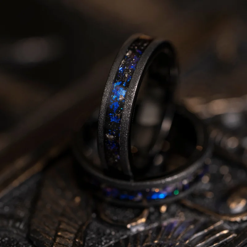 "Zeus" Flat Nebula Ring- Meteorite and Opal- Black 5mm Womens