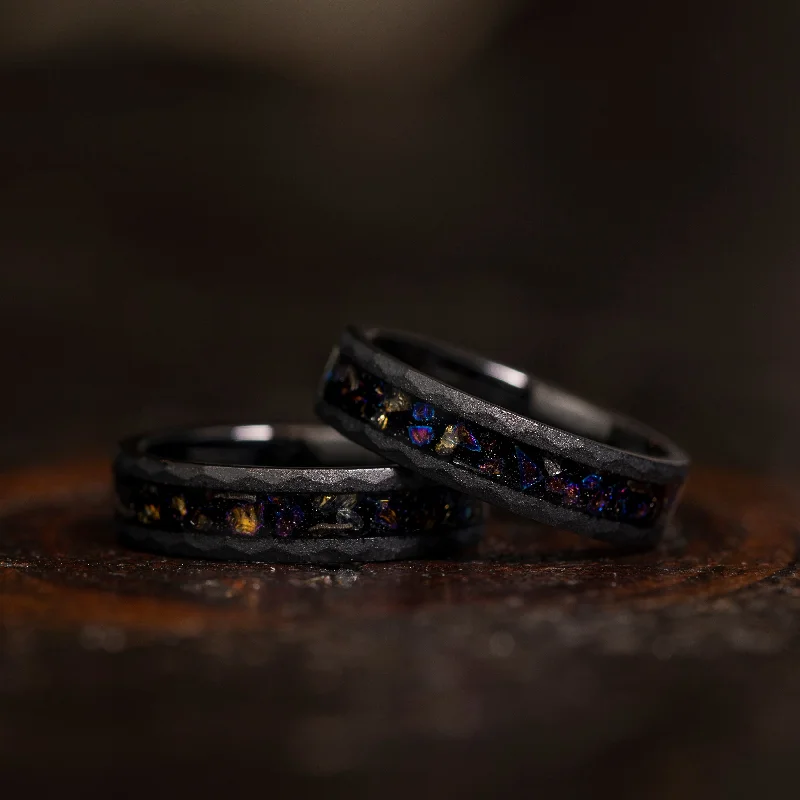 "Zeus" Hammered Dark Nebula Ring- Meteorite and Opal- Black 5mm Womens